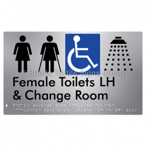 Braille Sign Female Toilets with Ambulant Cubicle Accessible Toilet LH, Shower and Change Room - Braille Tactile Signs Aust. - BTS366LH-aliS - Custom Signs - Fast Shipping - High Quality - Australian Made &amp; Owned