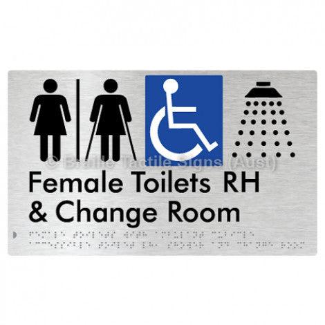 Braille Sign Female Toilets with Ambulant Cubicle Accessible Toilet RH, Shower and Change Room (Air Lock) - Braille Tactile Signs Aust. - BTS366RH-AL-aliB - Custom Signs - Fast Shipping - High Quality - Australian Made &amp; Owned