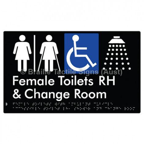 Braille Sign Female Toilets with Ambulant Cubicle Accessible Toilet RH, Shower and Change Room (Air Lock) - Braille Tactile Signs Aust. - BTS366RH-AL-blk - Custom Signs - Fast Shipping - High Quality - Australian Made &amp; Owned