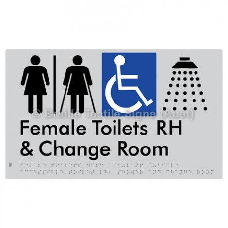 Braille Sign Female Toilets with Ambulant Cubicle Accessible Toilet RH, Shower and Change Room (Air Lock) - Braille Tactile Signs Aust. - BTS366RH-AL-slv - Custom Signs - Fast Shipping - High Quality - Australian Made &amp; Owned