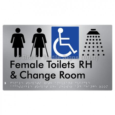 Braille Sign Female Toilets with Ambulant Cubicle Accessible Toilet RH, Shower and Change Room - Braille Tactile Signs Aust. - BTS366RH-aliS - Custom Signs - Fast Shipping - High Quality - Australian Made &amp; Owned