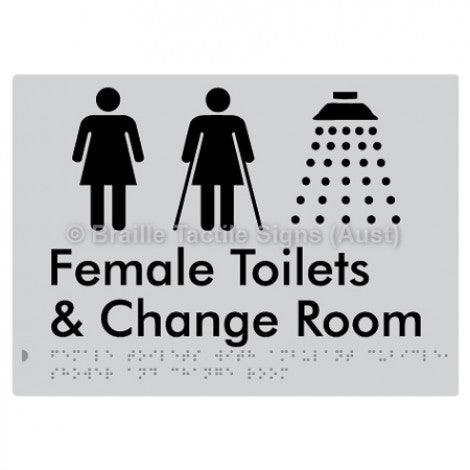 Braille Sign Female Toilets with Ambulant Cubicle, Shower and Change Room - Braille Tactile Signs Aust. - BTS331-slv - Custom Signs - Fast Shipping - High Quality - Australian Made &amp; Owned