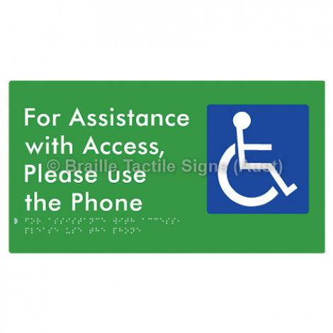 Braille Sign For Assistance with Access, Please use the Phone - Braille Tactile Signs Aust. - BTS280-grn - Custom Signs - Fast Shipping - High Quality - Australian Made &amp; Owned