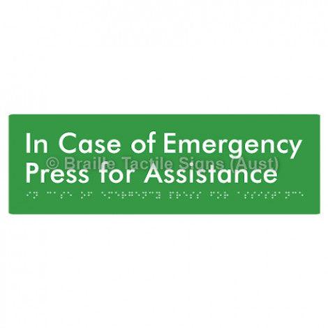 Braille Sign In Case of Emergency Press for Assistance - Braille Tactile Signs Aust. - BTS188-grn - Custom Signs - Fast Shipping - High Quality - Australian Made &amp; Owned