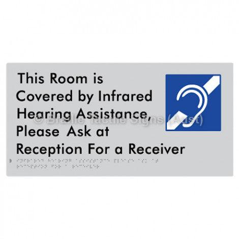 Braille Sign This Room is Covered by Infrared Hearing Assistance, Please Ask at Reception For a Receiver - Braille Tactile Signs Aust. - BTS289-slv - Custom Signs - Fast Shipping - High Quality - Australian Made &amp; Owned