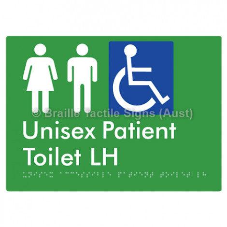 Braille Sign Unisex Accessible Patient Toilet LH - Braille Tactile Signs Aust. - BTS351-LH-grn - Custom Signs - Fast Shipping - High Quality - Australian Made &amp; Owned
