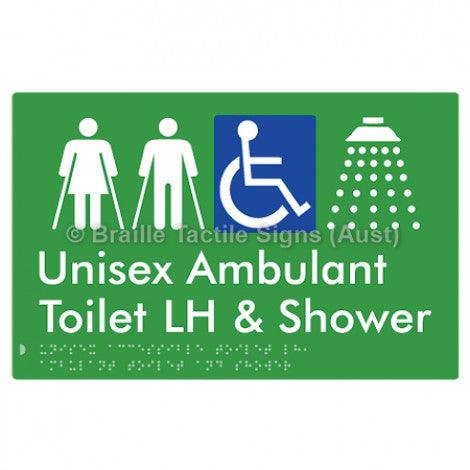 Braille Sign Unisex Accessible Toilet LH, Ambulant Toilet and Shower - Braille Tactile Signs Aust. - BTS343LH-grn - Custom Signs - Fast Shipping - High Quality - Australian Made &amp; Owned