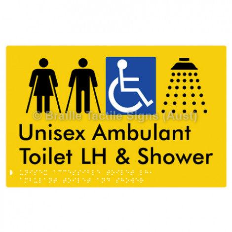 Braille Sign Unisex Accessible Toilet LH, Ambulant Toilet and Shower - Braille Tactile Signs Aust. - BTS343LH-yel - Custom Signs - Fast Shipping - High Quality - Australian Made &amp; Owned