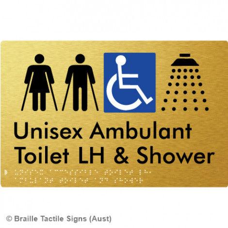 Braille Sign Unisex Accessible Toilet LH, Ambulant Toilet and Shower - Braille Tactile Signs Aust. - BTS343LH-aliG - Custom Signs - Fast Shipping - High Quality - Australian Made &amp; Owned