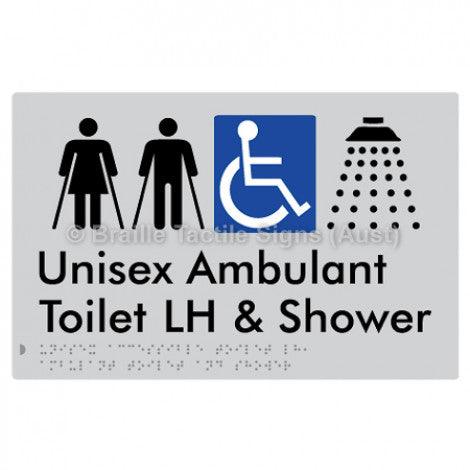 Braille Sign Unisex Accessible Toilet LH, Ambulant Toilet and Shower - Braille Tactile Signs Aust. - BTS343LH-slv - Custom Signs - Fast Shipping - High Quality - Australian Made &amp; Owned