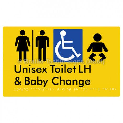 Braille Sign Unisex Accessible Toilet LH and Baby Change w/ Air Lock - Braille Tactile Signs Aust. - BTS33LHn-AL-yel - Custom Signs - Fast Shipping - High Quality - Australian Made &amp; Owned