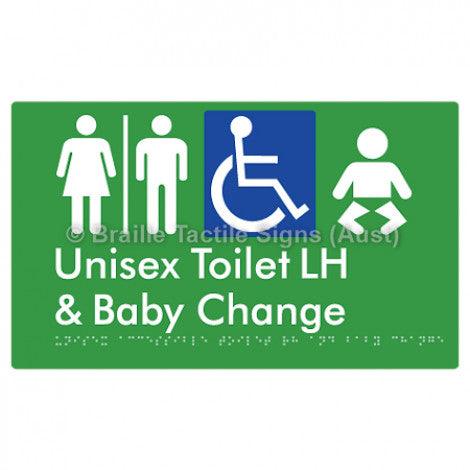 Braille Sign Unisex Accessible Toilet LH and Baby Change w/ Air Lock - Braille Tactile Signs Aust. - BTS33LHn-AL-grn - Custom Signs - Fast Shipping - High Quality - Australian Made &amp; Owned