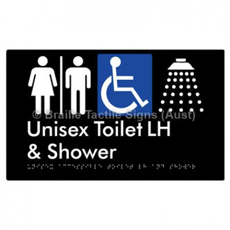 Braille Sign Unisex Accessible Toilet LH & Shower w/ Air Lock - Braille Tactile Signs Aust. - BTS35LHn-AL-blu - Custom Signs - Fast Shipping - High Quality - Australian Made &amp; Owned