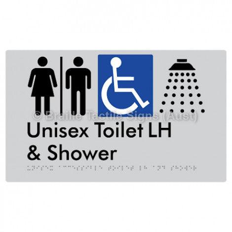 Braille Sign Unisex Accessible Toilet LH & Shower w/ Air Lock - Braille Tactile Signs Aust. - BTS35LHn-AL-slv - Custom Signs - Fast Shipping - High Quality - Australian Made &amp; Owned