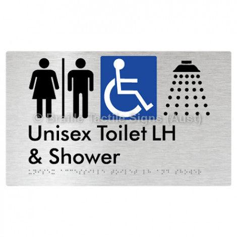 Braille Sign Unisex Accessible Toilet LH & Shower w/ Air Lock - Braille Tactile Signs Aust. - BTS35LHn-AL-aliB - Custom Signs - Fast Shipping - High Quality - Australian Made &amp; Owned