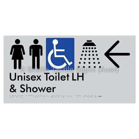 Braille Sign Unisex Accessible Toilet LH & Shower w/ Large Arrow: - Braille Tactile Signs Aust. - BTS35LHn->L-slv - Custom Signs - Fast Shipping - High Quality - Australian Made &amp; Owned