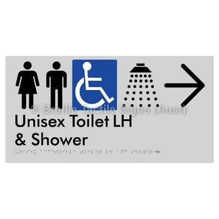 Braille Sign Unisex Accessible Toilet LH & Shower w/ Large Arrow: - Braille Tactile Signs Aust. - BTS35LHn->R-slv - Custom Signs - Fast Shipping - High Quality - Australian Made &amp; Owned