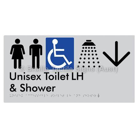 Braille Sign Unisex Accessible Toilet LH & Shower w/ Large Arrow: - Braille Tactile Signs Aust. - BTS35LHn->D-slv - Custom Signs - Fast Shipping - High Quality - Australian Made &amp; Owned