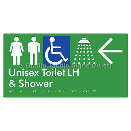 Braille Sign Unisex Accessible Toilet LH & Shower w/ Large Arrow: - Braille Tactile Signs Aust. - BTS35LHn->L-grn - Custom Signs - Fast Shipping - High Quality - Australian Made &amp; Owned