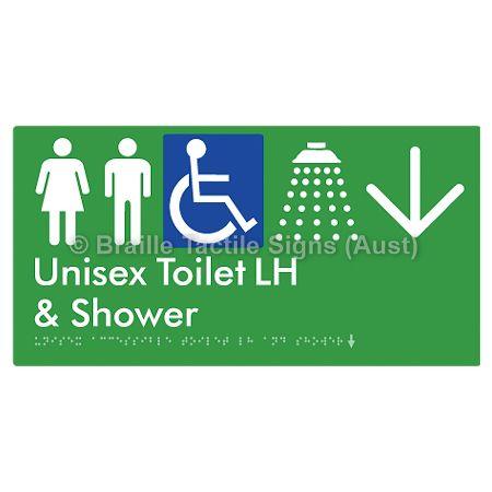 Braille Sign Unisex Accessible Toilet LH & Shower w/ Large Arrow: - Braille Tactile Signs Aust. - BTS35LHn->D-grn - Custom Signs - Fast Shipping - High Quality - Australian Made &amp; Owned