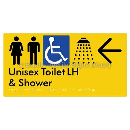 Braille Sign Unisex Accessible Toilet LH & Shower w/ Large Arrow: - Braille Tactile Signs Aust. - BTS35LHn->L-yel - Custom Signs - Fast Shipping - High Quality - Australian Made &amp; Owned