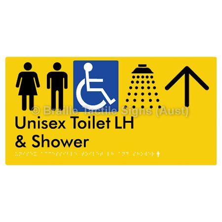 Braille Sign Unisex Accessible Toilet LH & Shower w/ Large Arrow: - Braille Tactile Signs Aust. - BTS35LHn->U-yel - Custom Signs - Fast Shipping - High Quality - Australian Made &amp; Owned