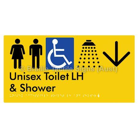 Braille Sign Unisex Accessible Toilet LH & Shower w/ Large Arrow: - Braille Tactile Signs Aust. - BTS35LHn->D-yel - Custom Signs - Fast Shipping - High Quality - Australian Made &amp; Owned