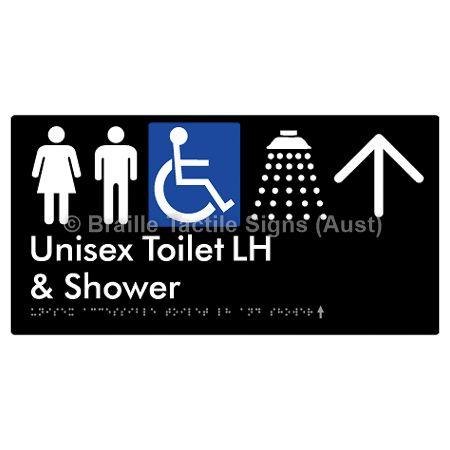 Braille Sign Unisex Accessible Toilet LH & Shower w/ Large Arrow: - Braille Tactile Signs Aust. - BTS35LHn->U-blk - Custom Signs - Fast Shipping - High Quality - Australian Made &amp; Owned