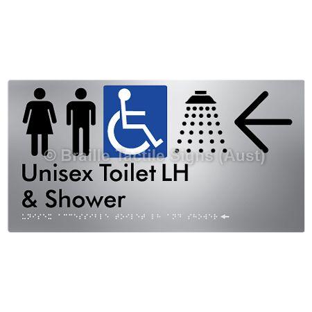 Braille Sign Unisex Accessible Toilet LH & Shower w/ Large Arrow: - Braille Tactile Signs Aust. - BTS35LHn->L-aliS - Custom Signs - Fast Shipping - High Quality - Australian Made &amp; Owned