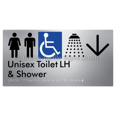 Braille Sign Unisex Accessible Toilet LH & Shower w/ Large Arrow: - Braille Tactile Signs Aust. - BTS35LHn->D-aliS - Custom Signs - Fast Shipping - High Quality - Australian Made &amp; Owned