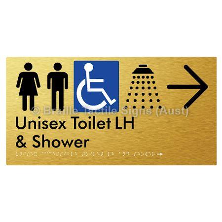 Braille Sign Unisex Accessible Toilet LH & Shower w/ Large Arrow: - Braille Tactile Signs Aust. - BTS35LHn->R-aliG - Custom Signs - Fast Shipping - High Quality - Australian Made &amp; Owned