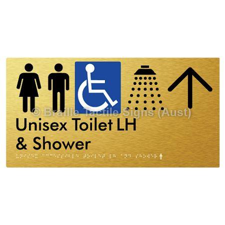 Braille Sign Unisex Accessible Toilet LH & Shower w/ Large Arrow: - Braille Tactile Signs Aust. - BTS35LHn->U-aliG - Custom Signs - Fast Shipping - High Quality - Australian Made &amp; Owned