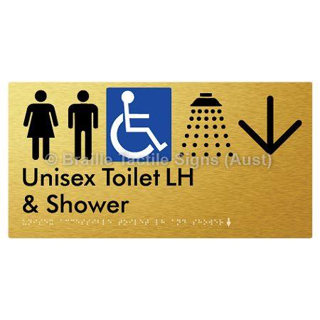 Braille Sign Unisex Accessible Toilet LH & Shower w/ Large Arrow: - Braille Tactile Signs Aust. - BTS35LHn->D-aliG - Custom Signs - Fast Shipping - High Quality - Australian Made &amp; Owned