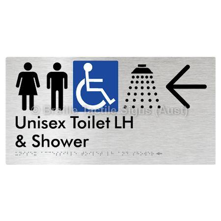 Braille Sign Unisex Accessible Toilet LH & Shower w/ Large Arrow: - Braille Tactile Signs Aust. - BTS35LHn->L-aliB - Custom Signs - Fast Shipping - High Quality - Australian Made &amp; Owned