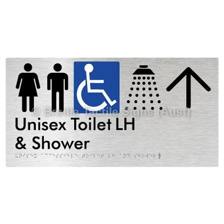 Braille Sign Unisex Accessible Toilet LH & Shower w/ Large Arrow: - Braille Tactile Signs Aust. - BTS35LHn->U-aliB - Custom Signs - Fast Shipping - High Quality - Australian Made &amp; Owned