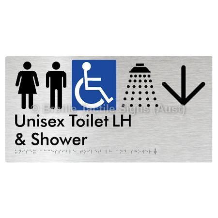 Braille Sign Unisex Accessible Toilet LH & Shower w/ Large Arrow: - Braille Tactile Signs Aust. - BTS35LHn->D-aliB - Custom Signs - Fast Shipping - High Quality - Australian Made &amp; Owned