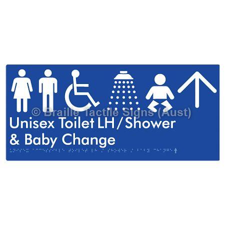 Braille Sign Unisex Accessible Toilet LH / Shower / Baby Change w/ Large Arrow: - Braille Tactile Signs Aust. - BTS83LHn->U-blu - Custom Signs - Fast Shipping - High Quality - Australian Made &amp; Owned