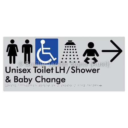 Braille Sign Unisex Accessible Toilet LH / Shower / Baby Change w/ Large Arrow: - Braille Tactile Signs Aust. - BTS83LHn->R-slv - Custom Signs - Fast Shipping - High Quality - Australian Made &amp; Owned