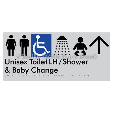 Braille Sign Unisex Accessible Toilet LH / Shower / Baby Change w/ Large Arrow: - Braille Tactile Signs Aust. - BTS83LHn->U-slv - Custom Signs - Fast Shipping - High Quality - Australian Made &amp; Owned