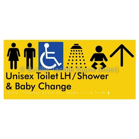 Braille Sign Unisex Accessible Toilet LH / Shower / Baby Change w/ Large Arrow: - Braille Tactile Signs Aust. - BTS83LHn->U-yel - Custom Signs - Fast Shipping - High Quality - Australian Made &amp; Owned