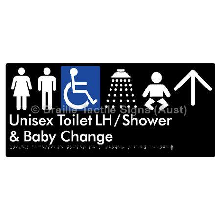 Braille Sign Unisex Accessible Toilet LH / Shower / Baby Change w/ Large Arrow: - Braille Tactile Signs Aust. - BTS83LHn->U-blk - Custom Signs - Fast Shipping - High Quality - Australian Made &amp; Owned