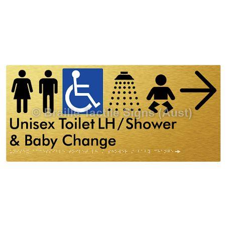 Braille Sign Unisex Accessible Toilet LH / Shower / Baby Change w/ Large Arrow: - Braille Tactile Signs Aust. - BTS83LHn->R-aliG - Custom Signs - Fast Shipping - High Quality - Australian Made &amp; Owned