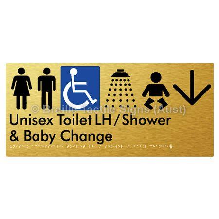 Braille Sign Unisex Accessible Toilet LH / Shower / Baby Change w/ Large Arrow: - Braille Tactile Signs Aust. - BTS83LHn->D-aliG - Custom Signs - Fast Shipping - High Quality - Australian Made &amp; Owned