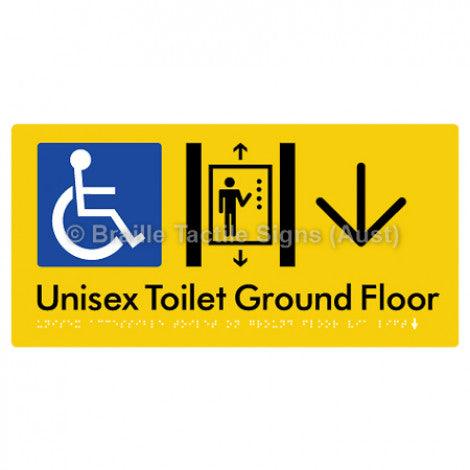 Braille Sign Unisex Accessible Toilet on Ground Floor Via Lift w/Large Arrow - Braille Tactile Signs Aust. - BTS276-GF->D-yel - Custom Signs - Fast Shipping - High Quality - Australian Made &amp; Owned