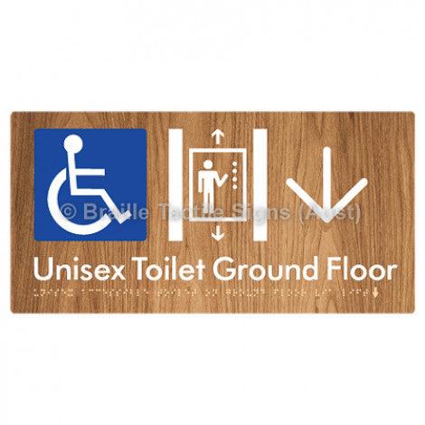 Braille Sign Unisex Accessible Toilet on Ground Floor Via Lift w/Large Arrow - Braille Tactile Signs Aust. - BTS276-GF->D-wdg - Custom Signs - Fast Shipping - High Quality - Australian Made &amp; Owned