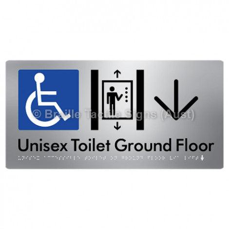 Braille Sign Unisex Accessible Toilet on Ground Floor Via Lift w/Large Arrow - Braille Tactile Signs Aust. - BTS276-GF->D-aliS - Custom Signs - Fast Shipping - High Quality - Australian Made &amp; Owned