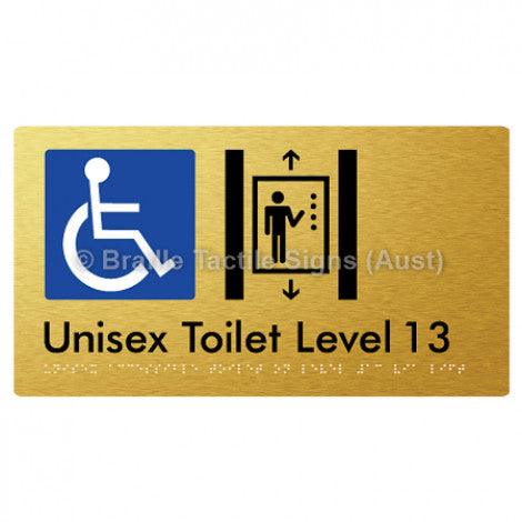 Braille Sign Unisex Accessible Toilet on Level 13 Via Lift - Braille Tactile Signs Aust. - BTS276-13-aliG - Custom Signs - Fast Shipping - High Quality - Australian Made &amp; Owned