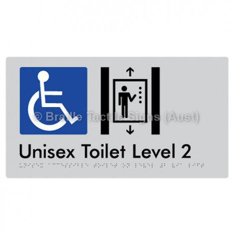 Braille Sign Unisex Accessible Toilet on Level 2 Via Lift - Braille Tactile Signs Aust. - BTS276-02-slv - Custom Signs - Fast Shipping - High Quality - Australian Made &amp; Owned