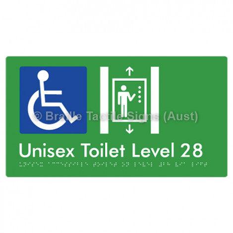 Braille Sign Unisex Accessible Toilet on Level 28 Via Lift - Braille Tactile Signs Aust. - BTS276-28-grn - Custom Signs - Fast Shipping - High Quality - Australian Made &amp; Owned