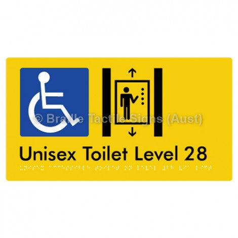 Braille Sign Unisex Accessible Toilet on Level 28 Via Lift - Braille Tactile Signs Aust. - BTS276-28-yel - Custom Signs - Fast Shipping - High Quality - Australian Made &amp; Owned